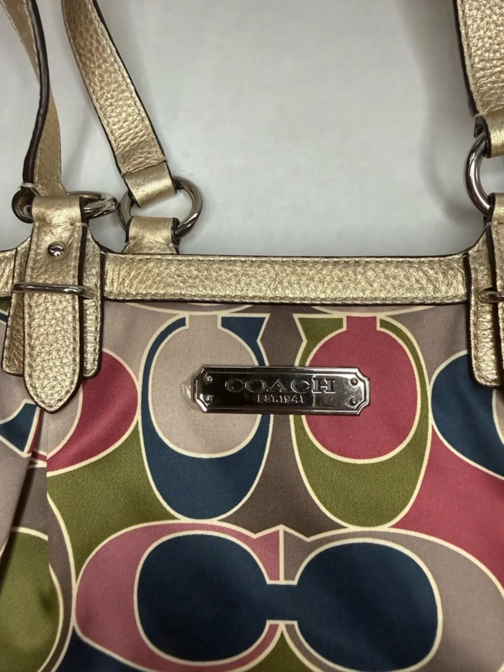 Coach Signature Scarf Sateen Gold Trim Satin Handbag Tote